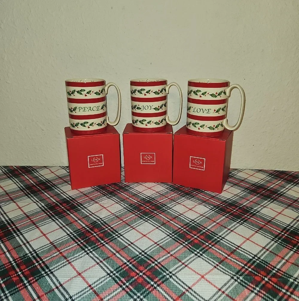 Set Of 3 Lenox Holiday Wishes PEACE, JOY, LOVE Mugs